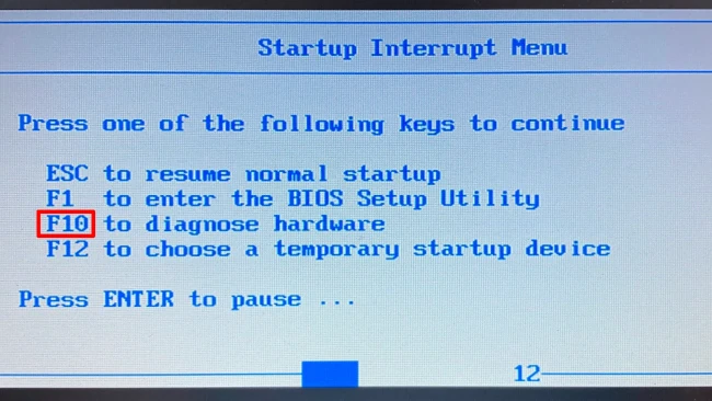 a diagram showing the startup interrupt menu of the laptop, with the button labeled F10 highlighted