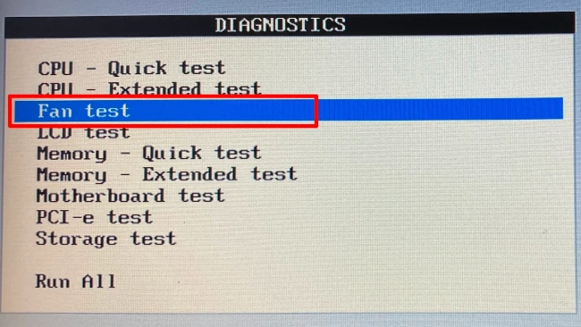 a diagram showing the lenovo diagnostics menu with the option labeled Fan Test highlighted