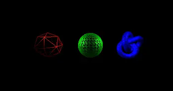 An image showing three wireframe objects, the first being an octahedron, the second being a sphere and the last being a torus knot.